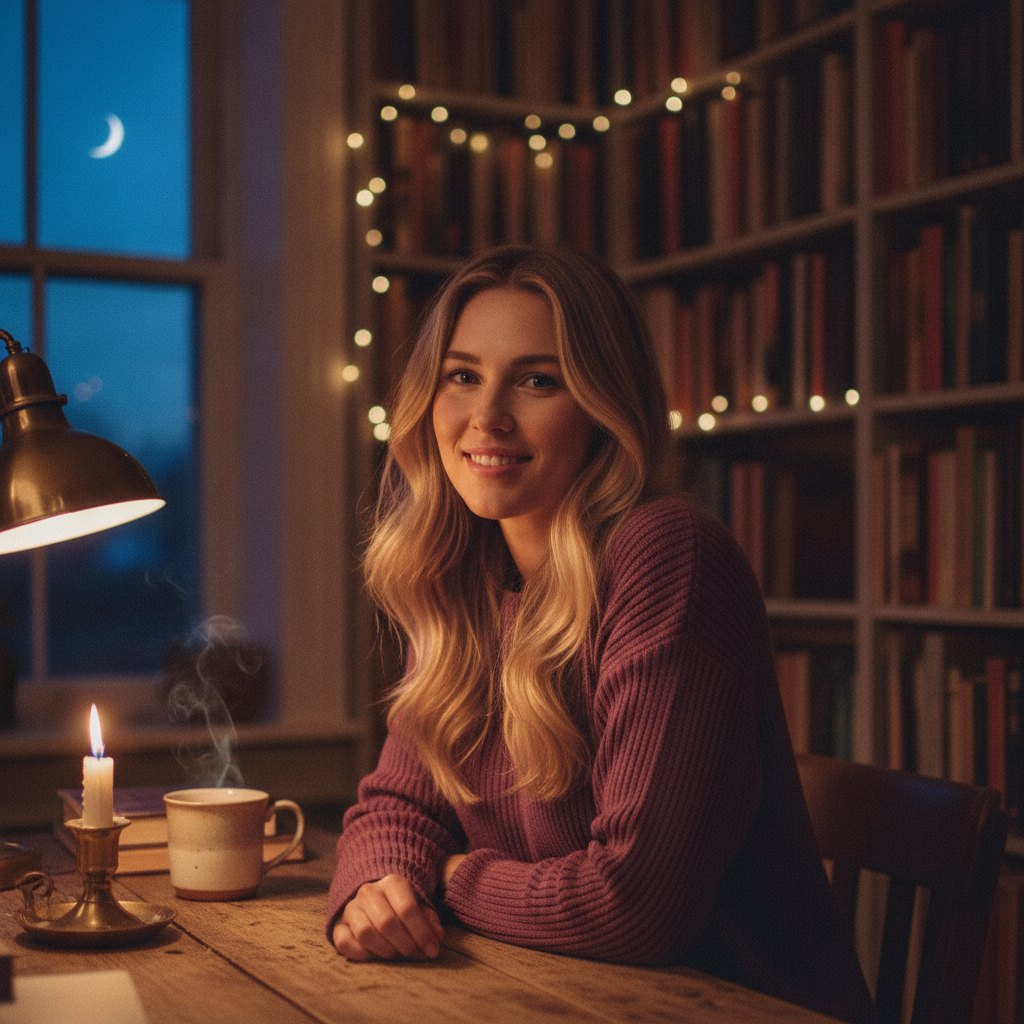 Charlotte at her desk in her candlelit Somerset home library