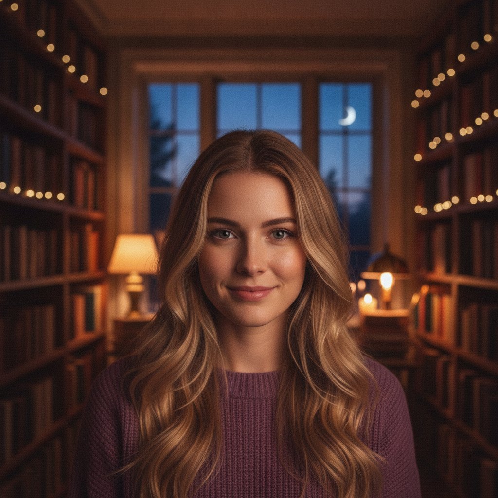 Charlotte, the maker, in her candlelit Somerset home library
