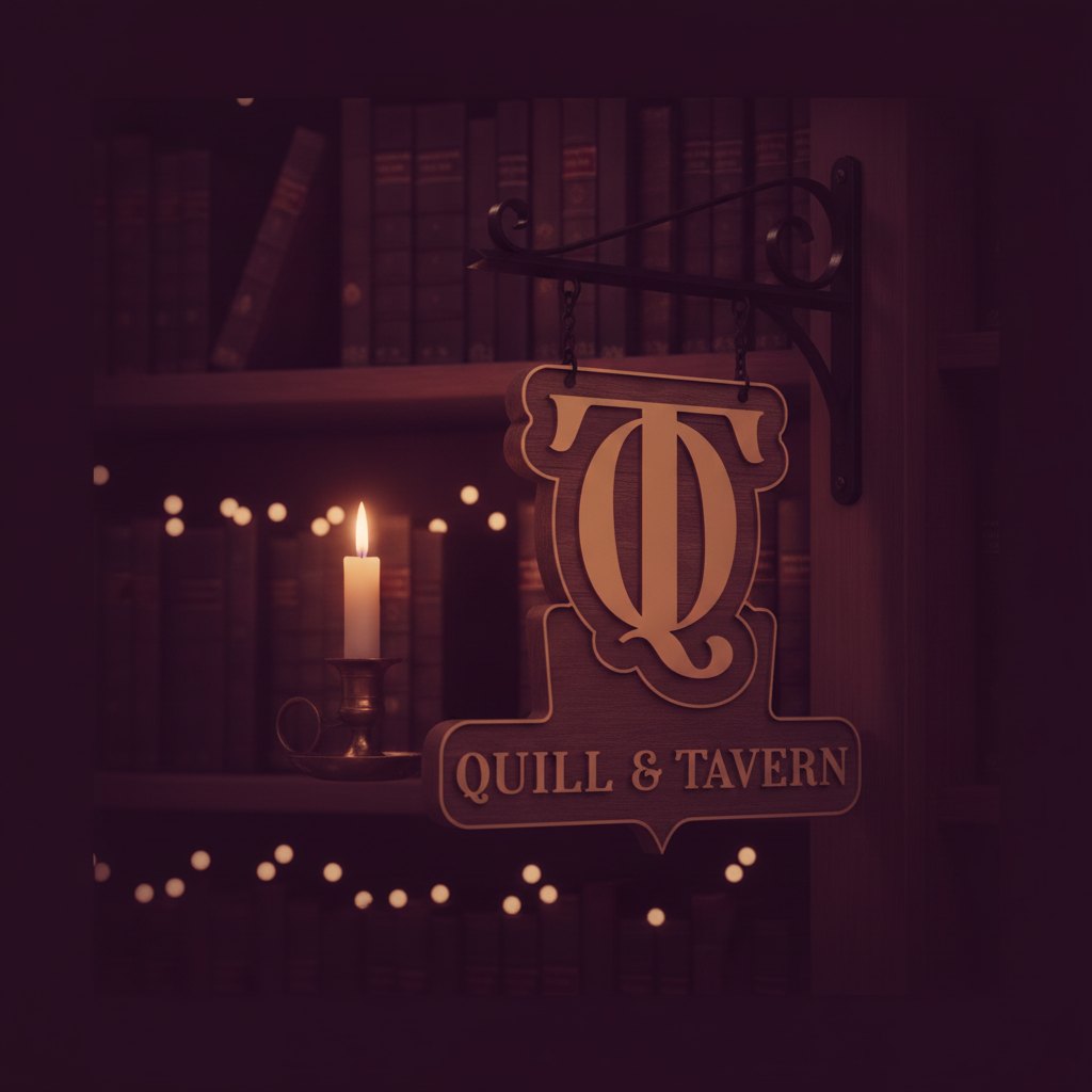 The Quill & Tavern sign hanging from a wrought-iron bracket in a candlelit library